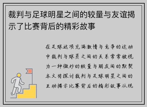 裁判与足球明星之间的较量与友谊揭示了比赛背后的精彩故事